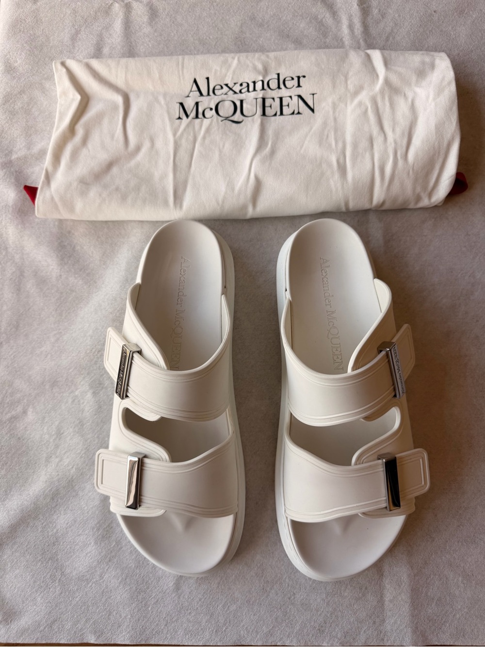 Alexander McQueen Cream Double-Buckle Slide Sandals